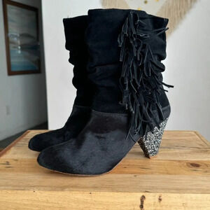 DANNIJO x Matt Bernson Black Calf Hair Suede Fringe Silver Glitter Heel Boots